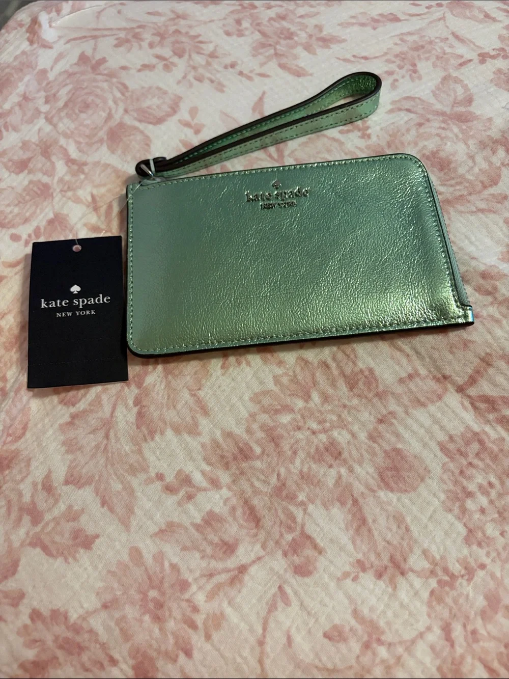 Kate Spade Lucy Metallic Mint Green Wristlet/Pouch With Strap NWT